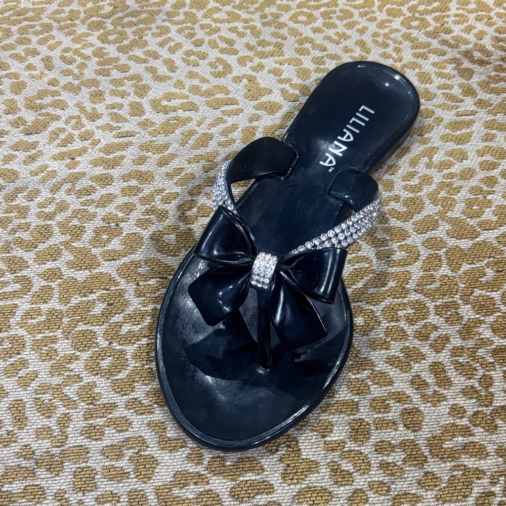 Liliana Black Sandals with Rhinestone Bow